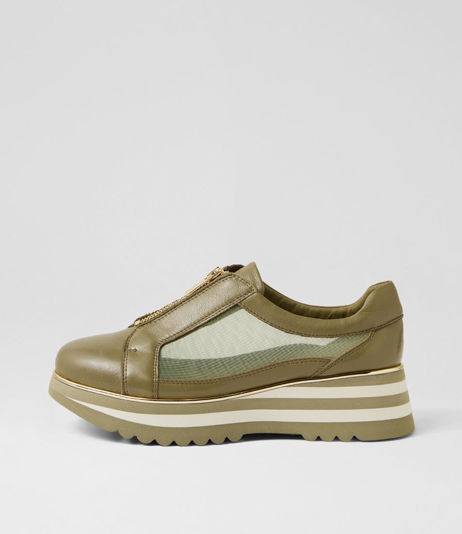 Elwira Khaki Leather Mesh Loafers