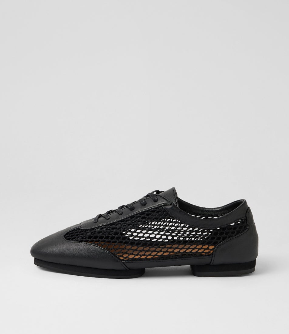 Remy Black Leather Mesh Lace Up Flats