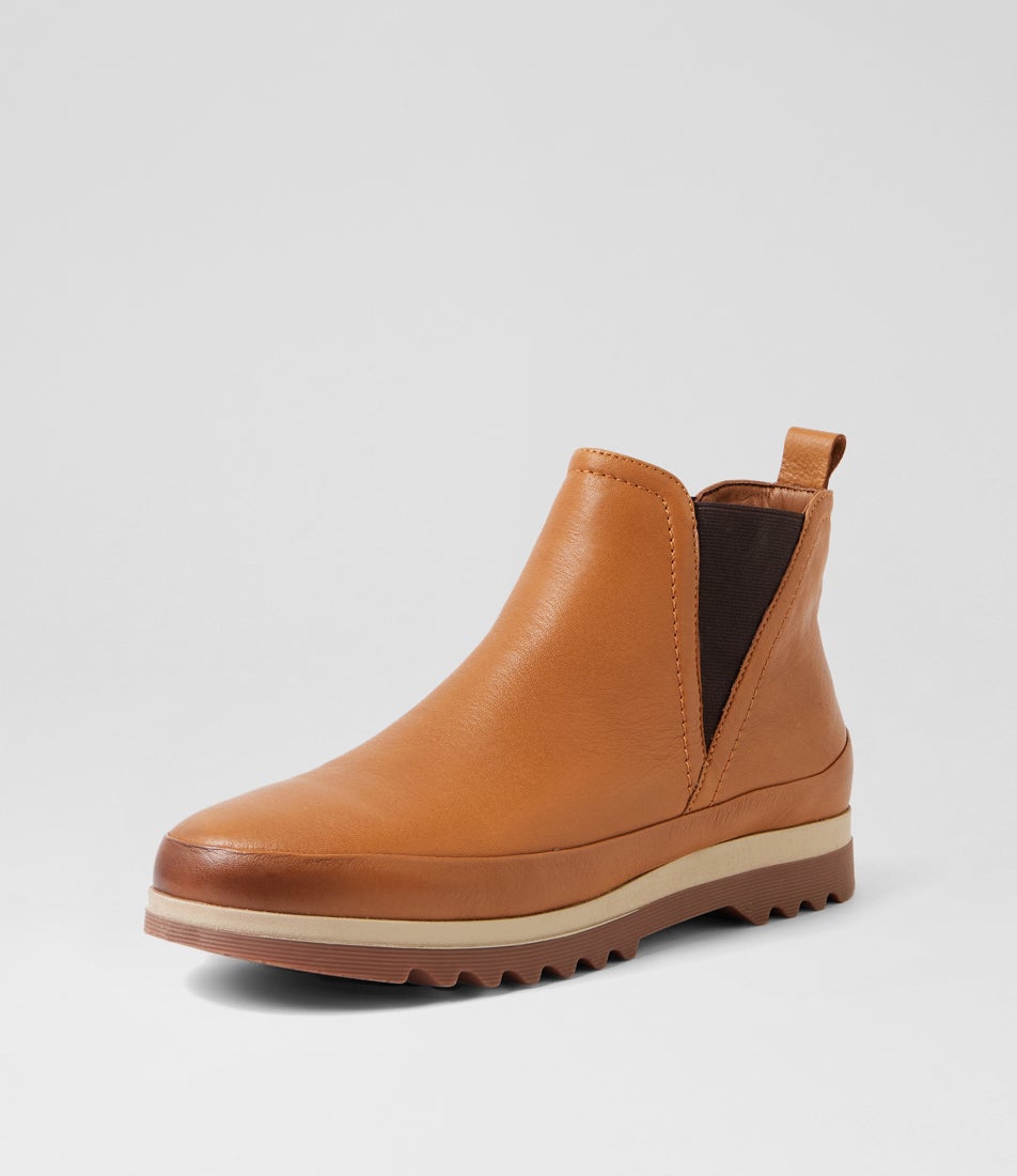 Kuddle New Tan Choc Elastic Leather Ankle Boots