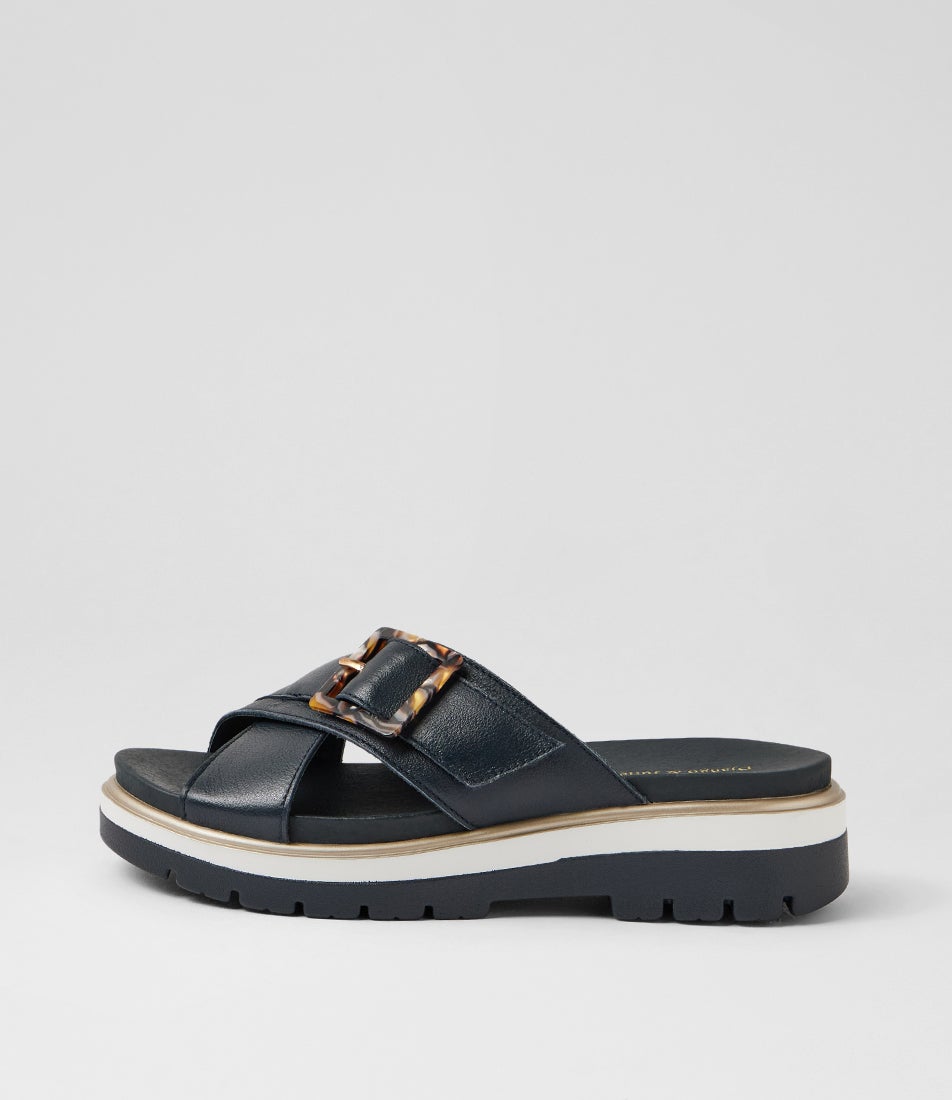 Norne Navy White Leather Slides