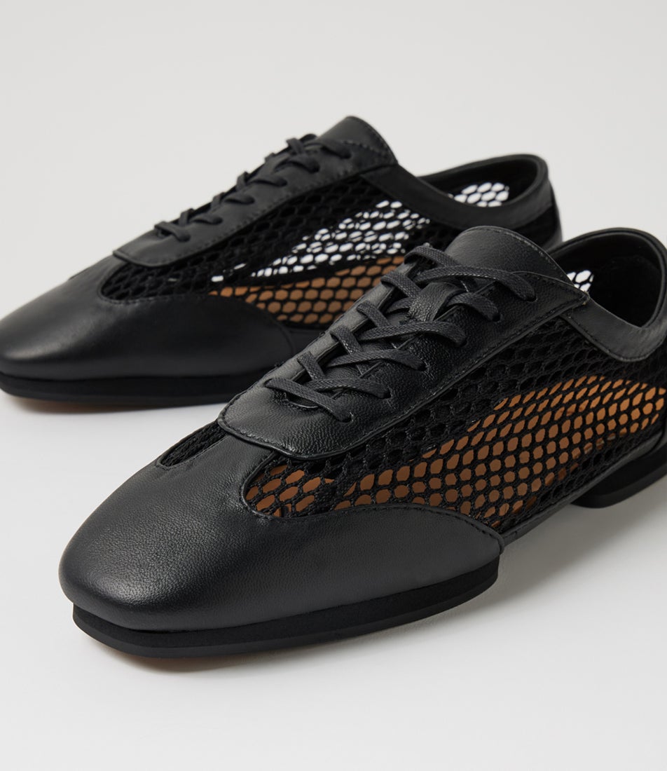 Remy Black Leather Mesh Lace Up Flats