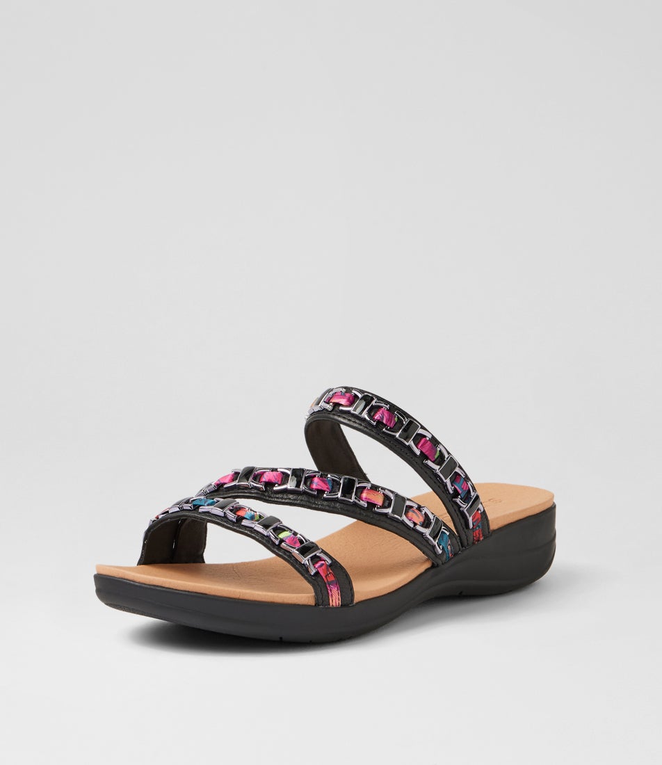 Maybelle Black Multi Leather Fabric Sandals