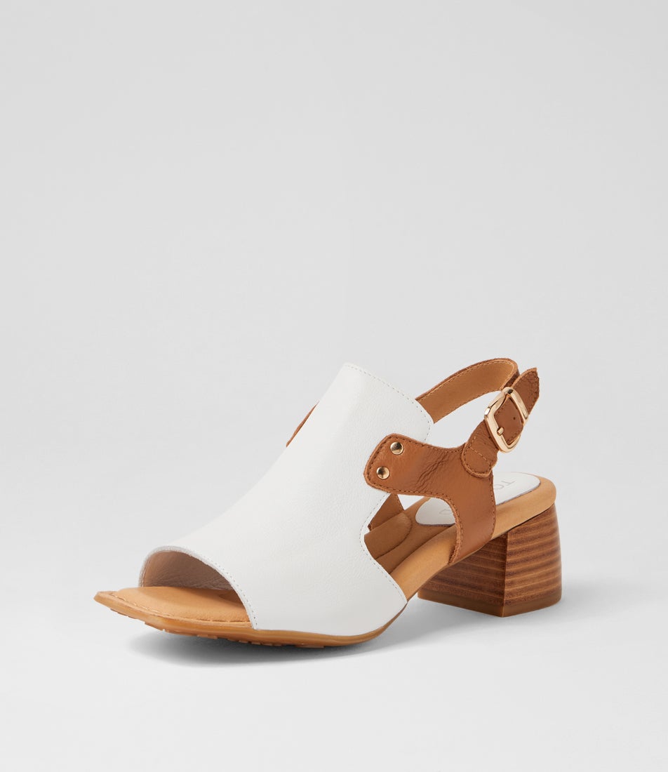 Franko White Dark Tan Leather Block Heel Sandals