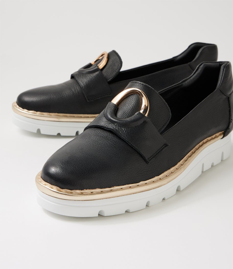 Everins Black Gold Leather Flat Shoes