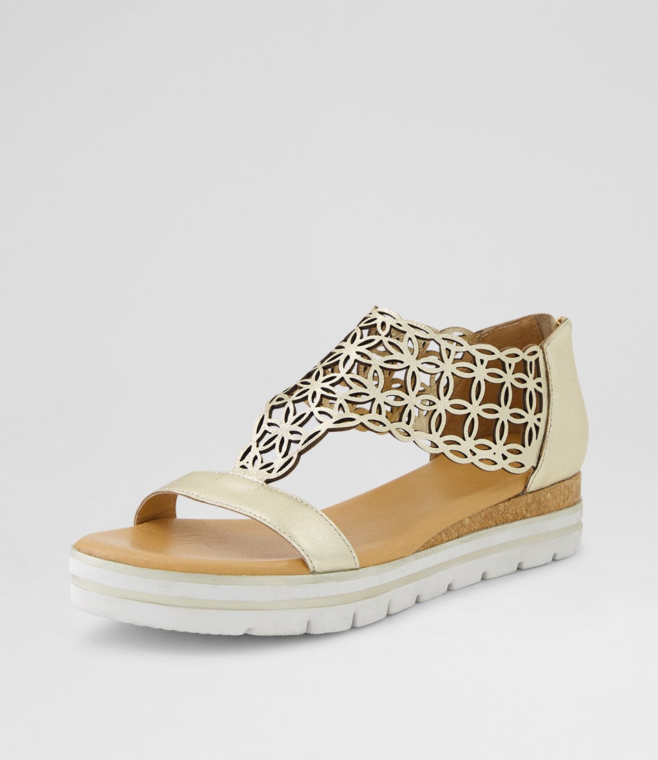 Alexiander Pale Gold Floral Cork Leather Sandals