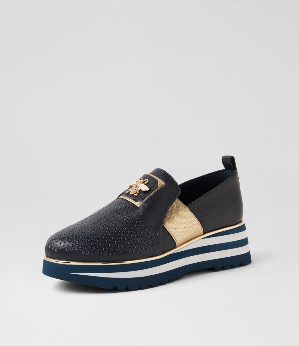 Ensom Navy Gold Leather Loafers