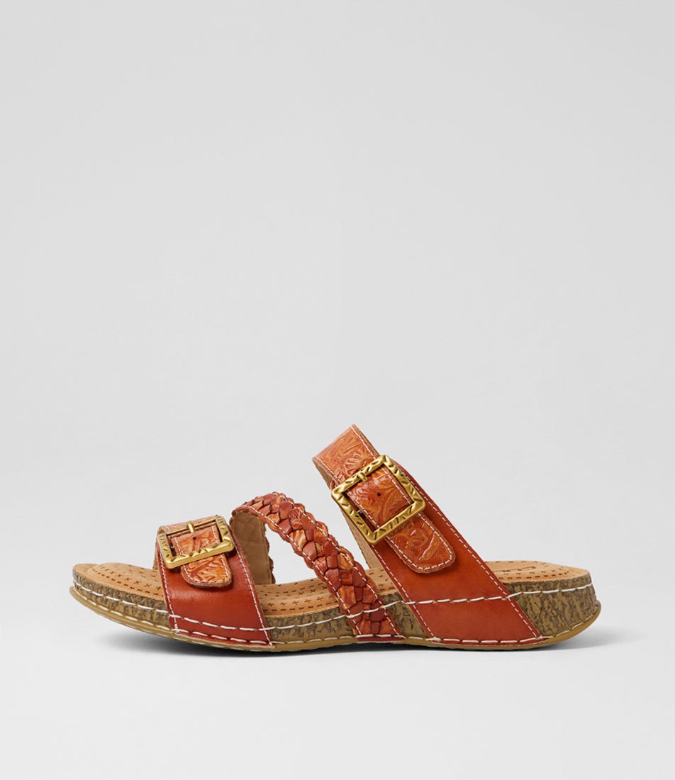 Prena Tan Embossed Leather Slides Prena Tan Embossed Leather Slides
