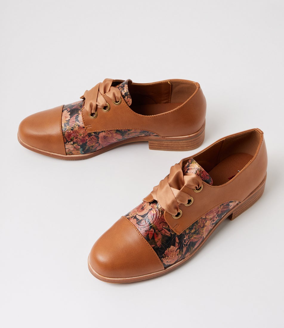 Hannie Tan Cafe Floral Lace Up Flats