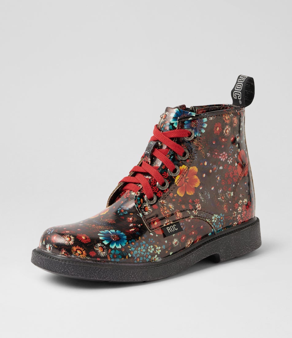 Joff Youth Black Floral Patent Ankle Boots