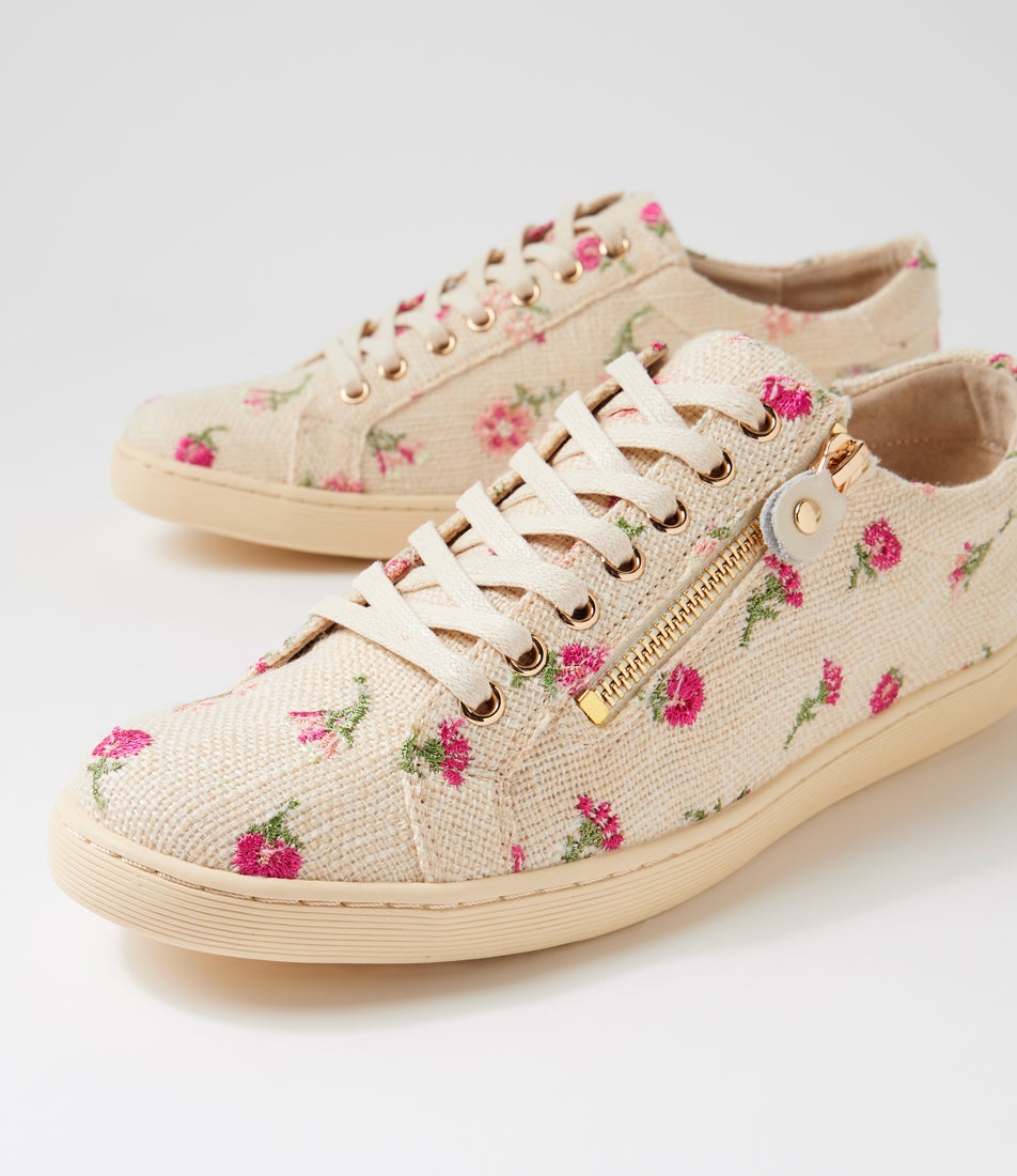 Donatas Beige Bouquet Fabric Lace Up Sneakers