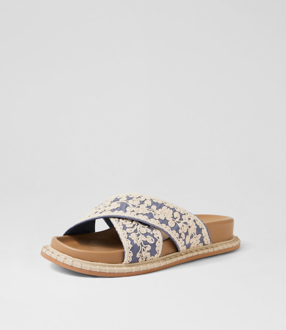Zakiya Denim White Embroidery Fabric Slides Zakiya Denim White Embroidery Fabric Slides