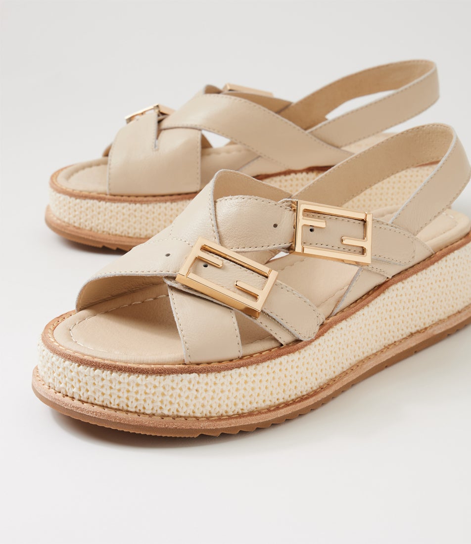Vasha Milk Ivory Leather Synthetic Raffia Sandals