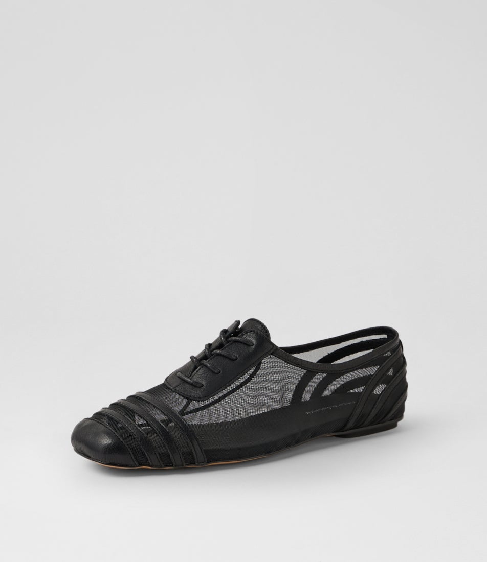 Vyolet Black Leather Mesh Lace Up Flats