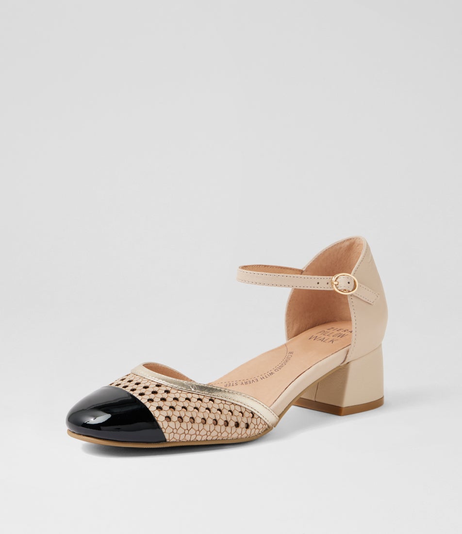 Zazza W Black Almond Pale Gold Patent Leather Heels