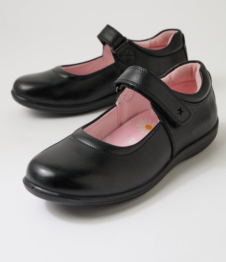 Ellie Junior E Black Daisy Insole Leather Mary Janes
