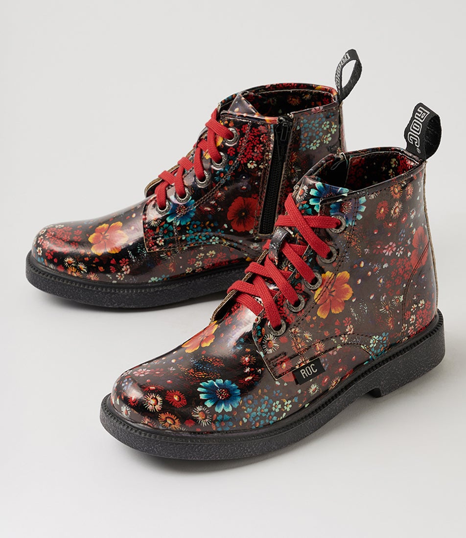 Joff Youth Black Floral Patent Ankle Boots
