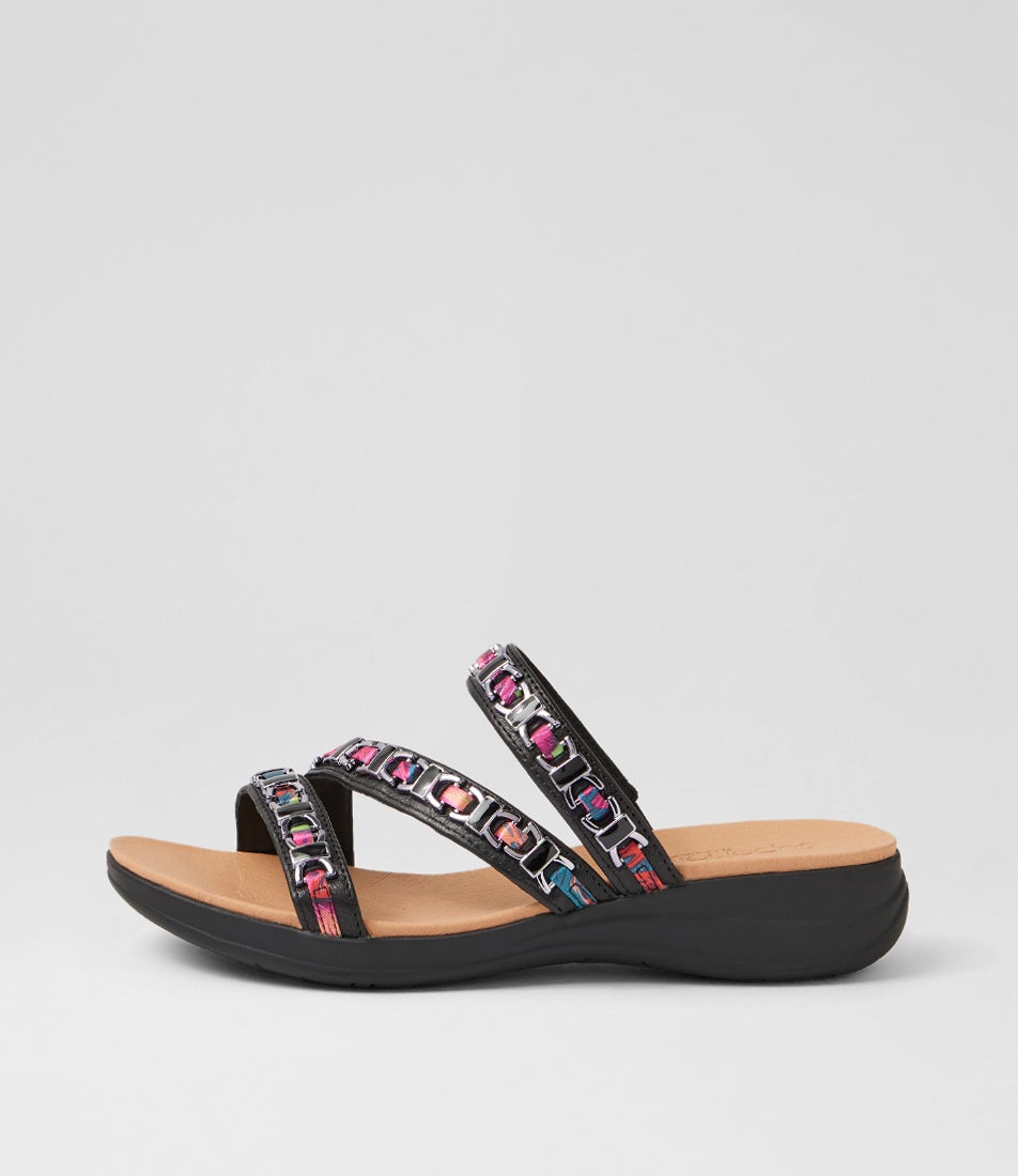 Maybelle Black Multi Leather Fabric Sandals