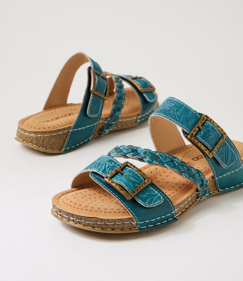 Prena Teal Embossed Leather Slides