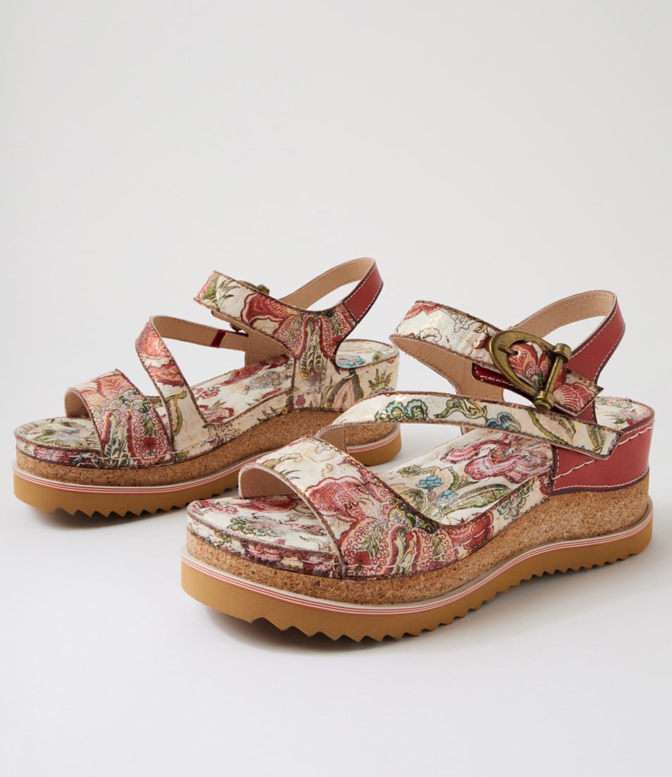 Riley Red Gold Floral Leather Sandals