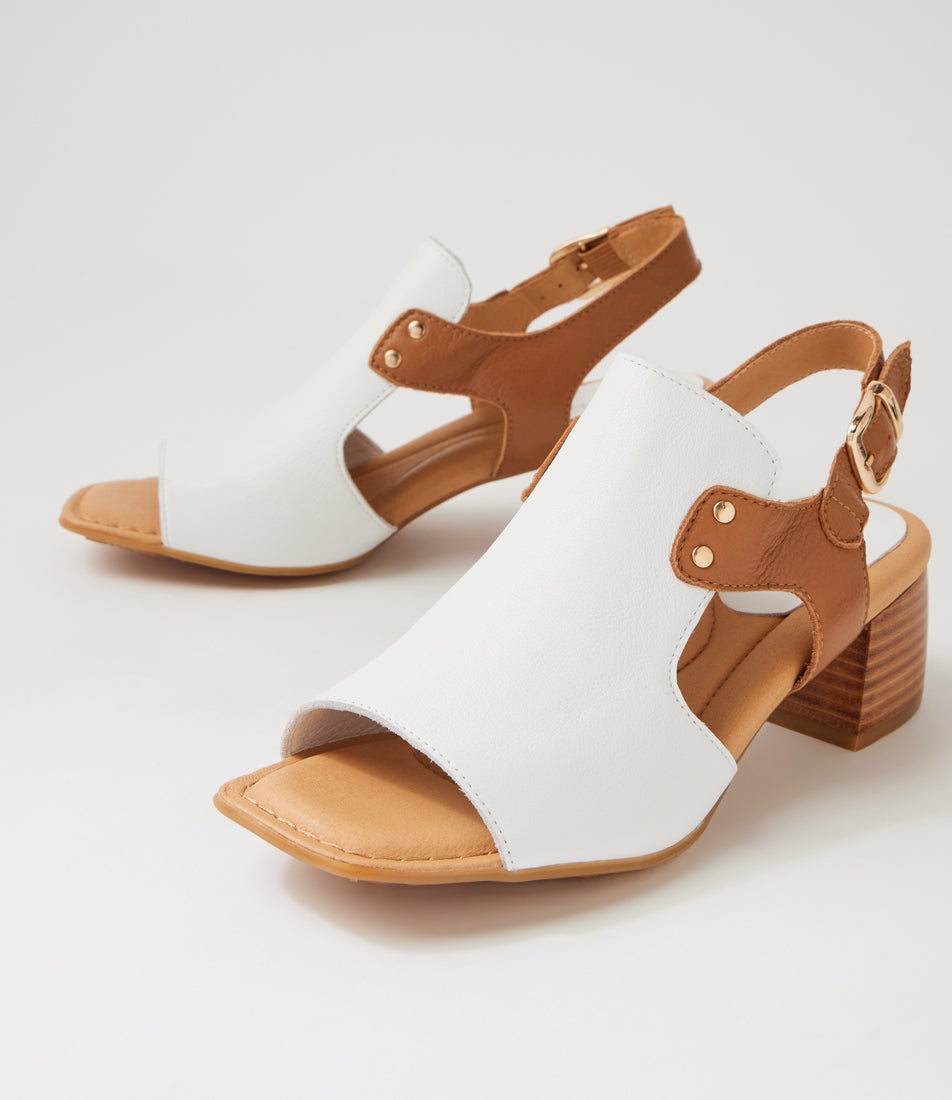 Franko White Dark Tan Leather Block Heel Sandals