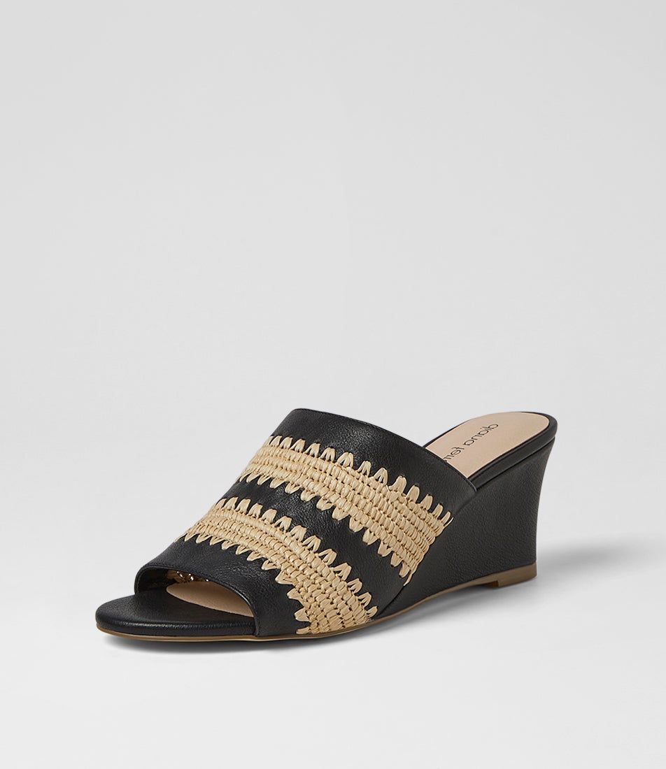 Issey Black Natural Leather Woven Heeled Sandals