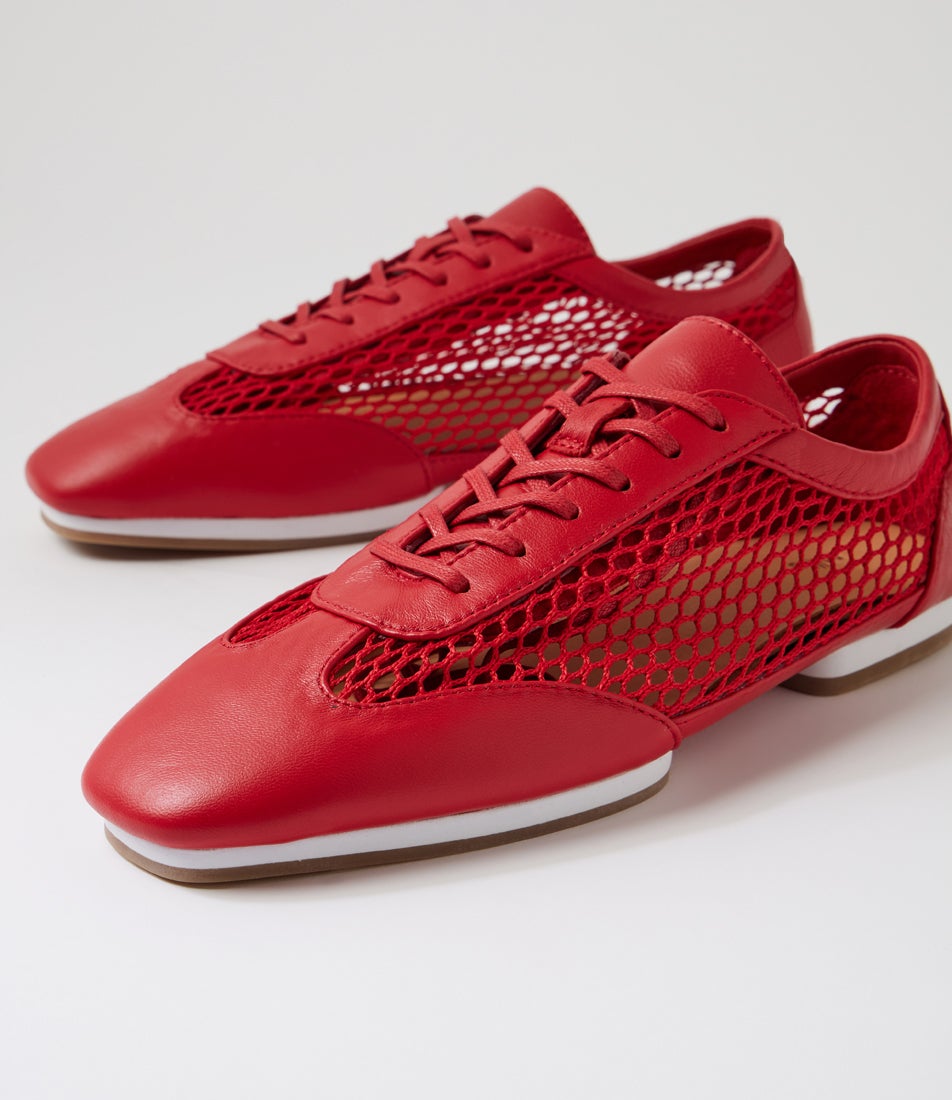 Remy Red Leather Mesh Lace Up Flats