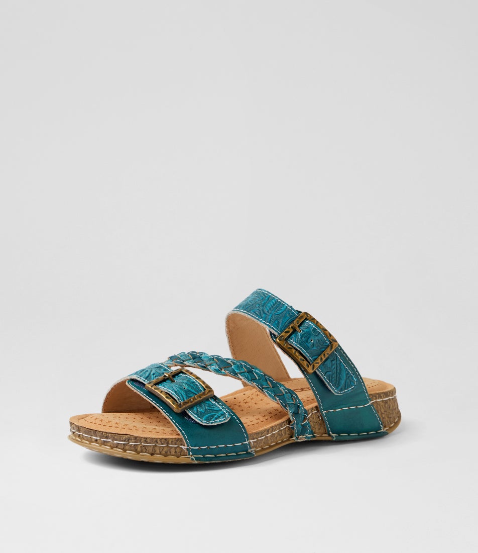 Prena Teal Embossed Leather Slides