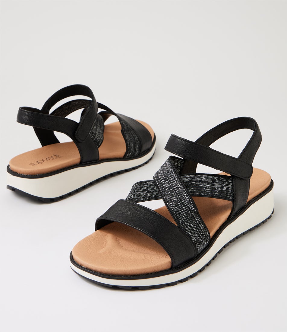 Carrie Black Leather Elastic Sandals