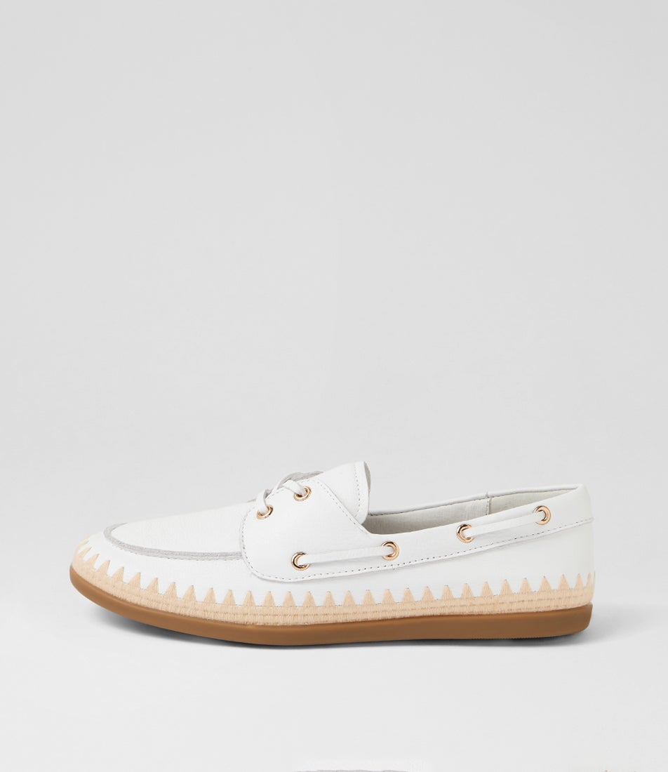 Rory White Natural Leather Synthetic Raffia Boat Shoes