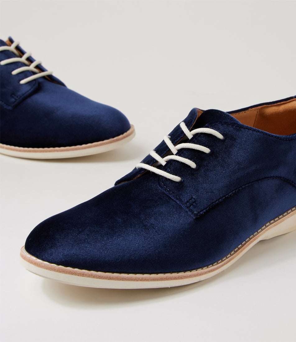 Derby Navy Velvet Fabric Lace Up Flats