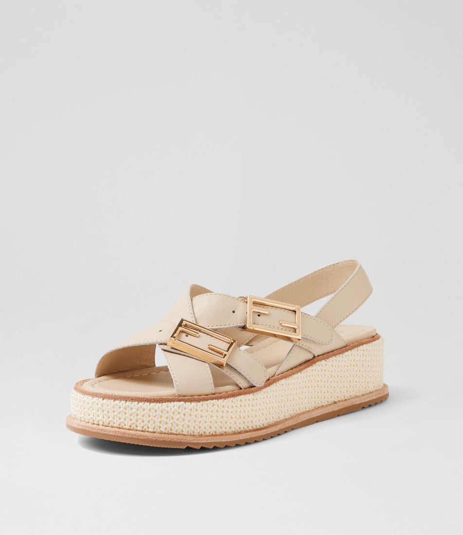 Vasha Milk Ivory Leather Synthetic Raffia Sandals