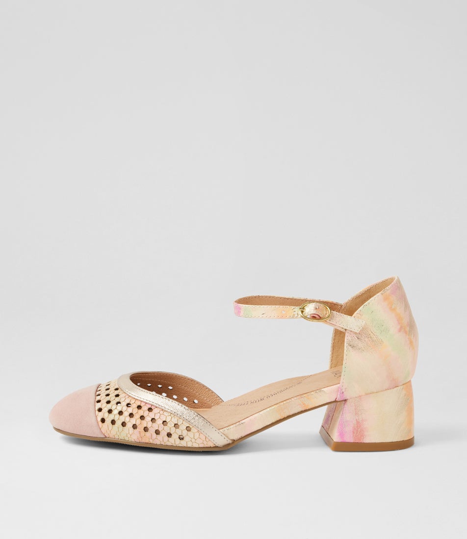 Zazza W Pink Peach Multi Pale Gold Suede Heels