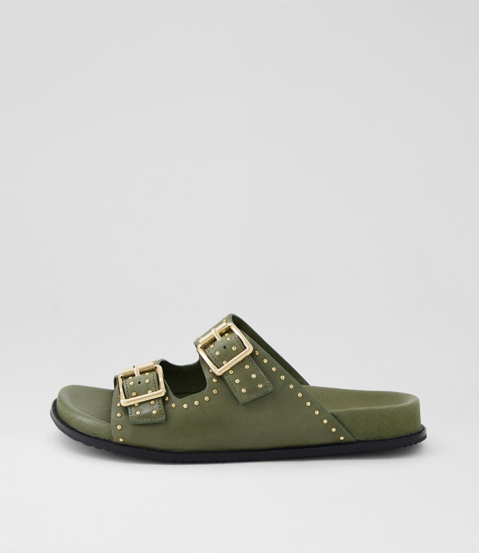 Havro W Olive Pale Gold Leather Slides