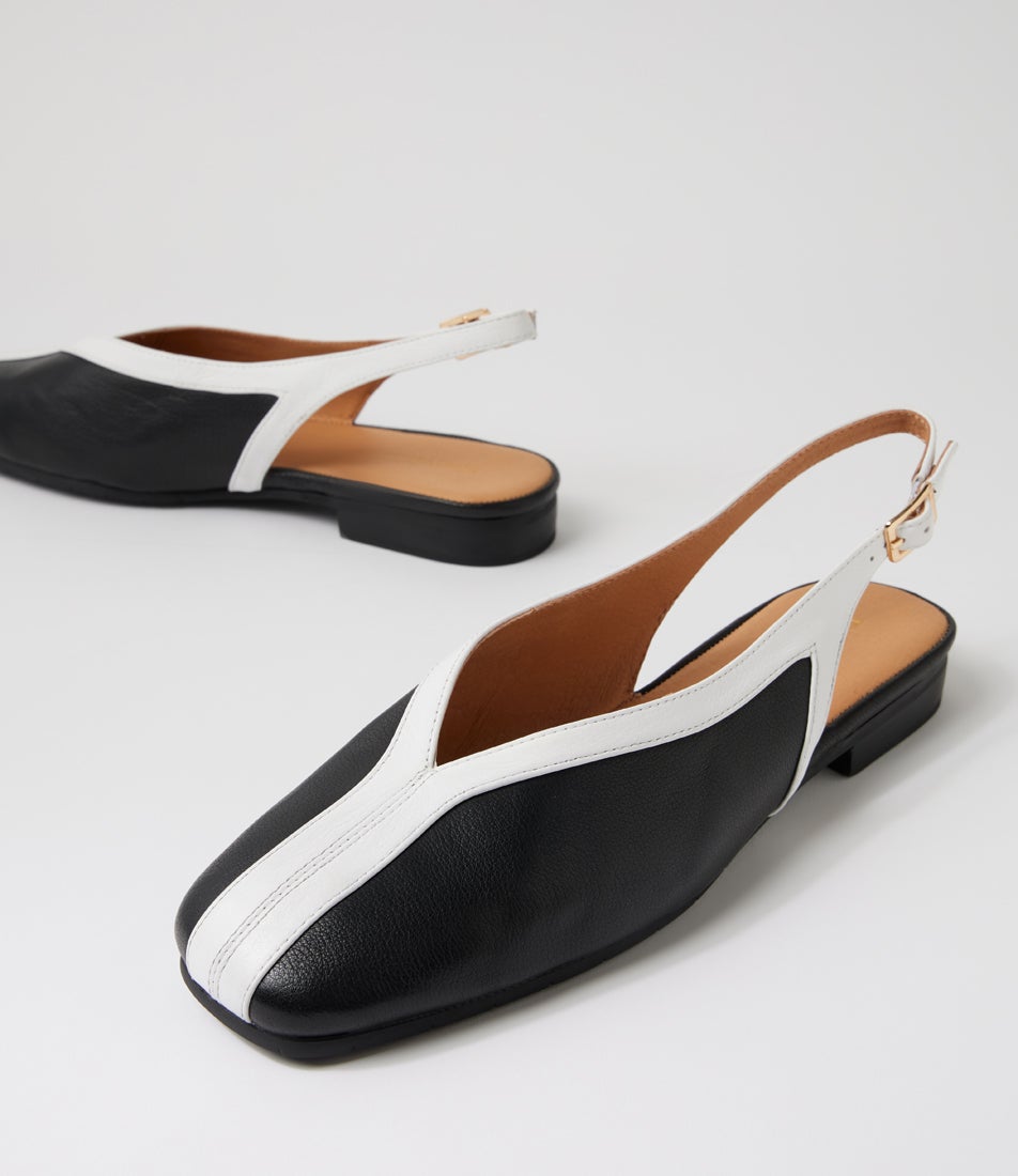 Philomena Black White Leather Slingbacks