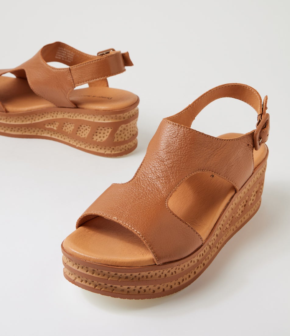Qeleigh Dark Tan Leather Platform Wedge Sandals