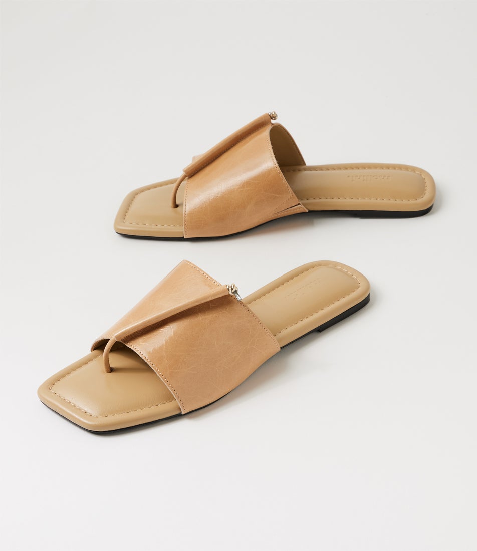 Misam Camel Crinkle Leather Slides