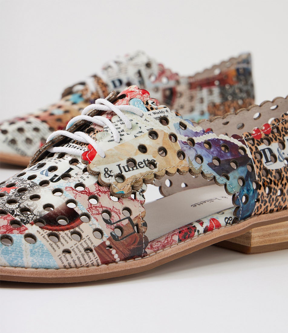 Adalina Collage Print Patent Leather Lace Up Flats