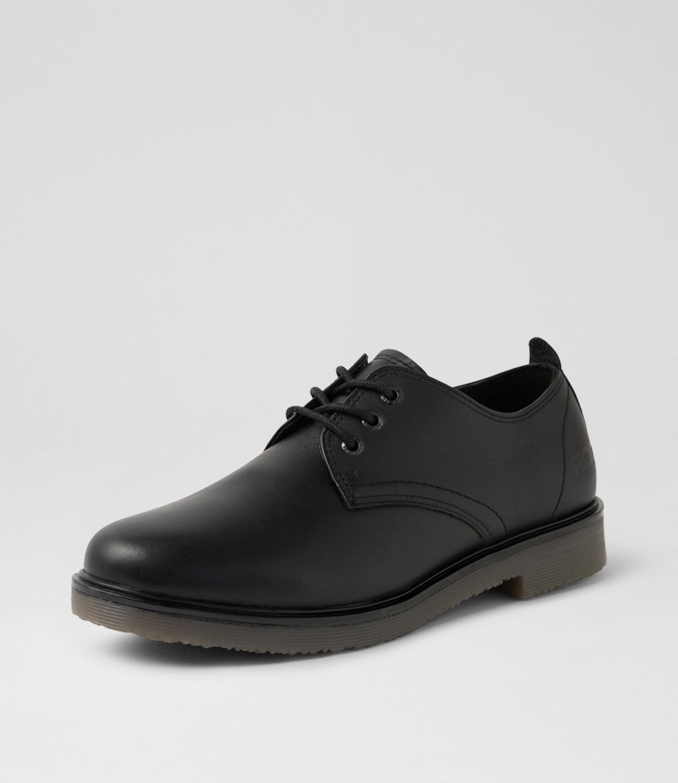 Luxe Senior Black Wax Leather Lace Up Flats