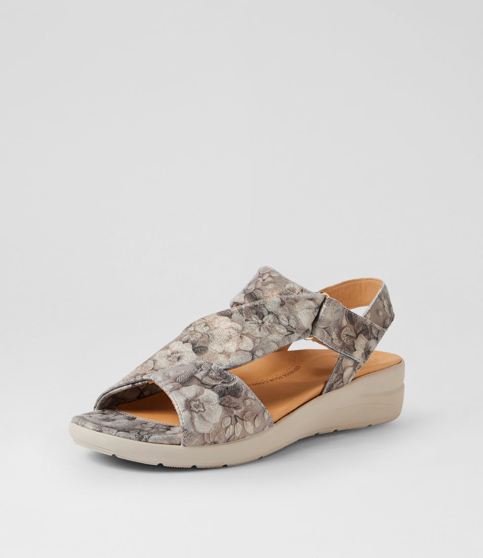 Nazly2 Xw Grey Floral Sheen Leather Sandals