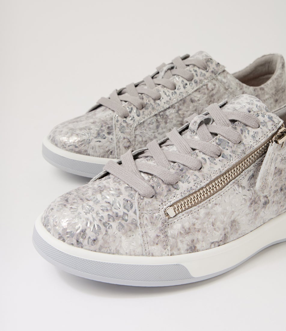 Aito Xf Silver Floral Embossed Leather Sneakers