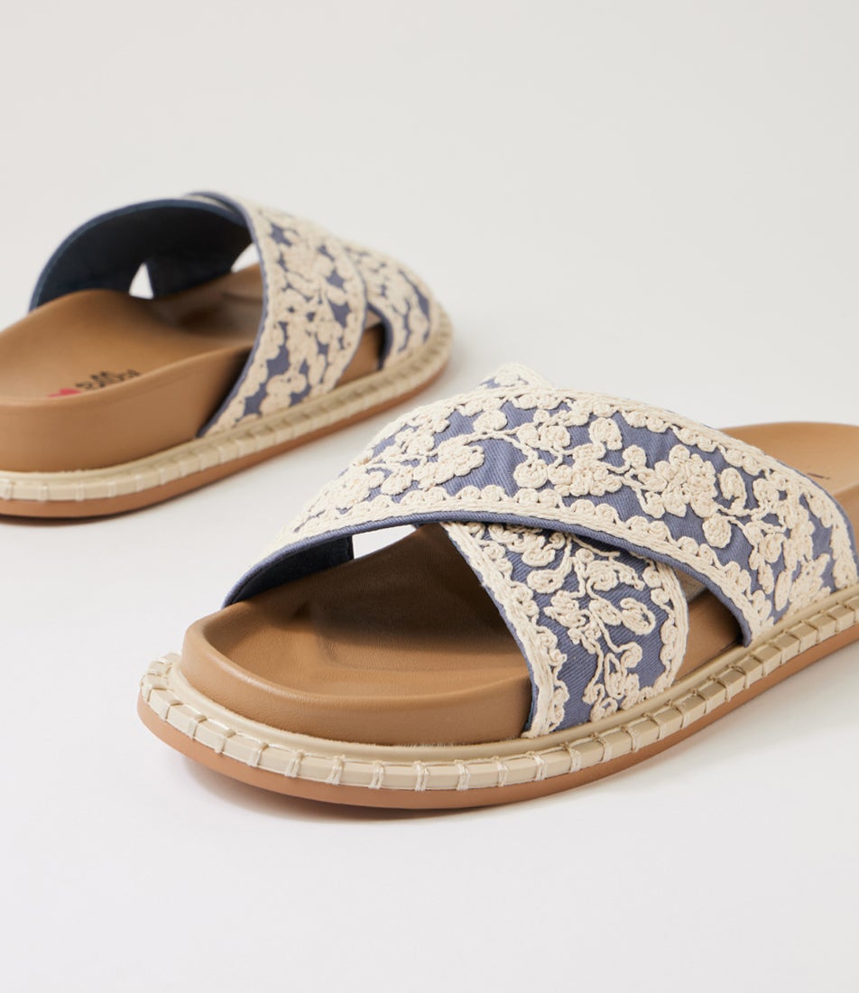 Zakiya Denim White Embroidery Fabric Slides Zakiya Denim White Embroidery Fabric Slides