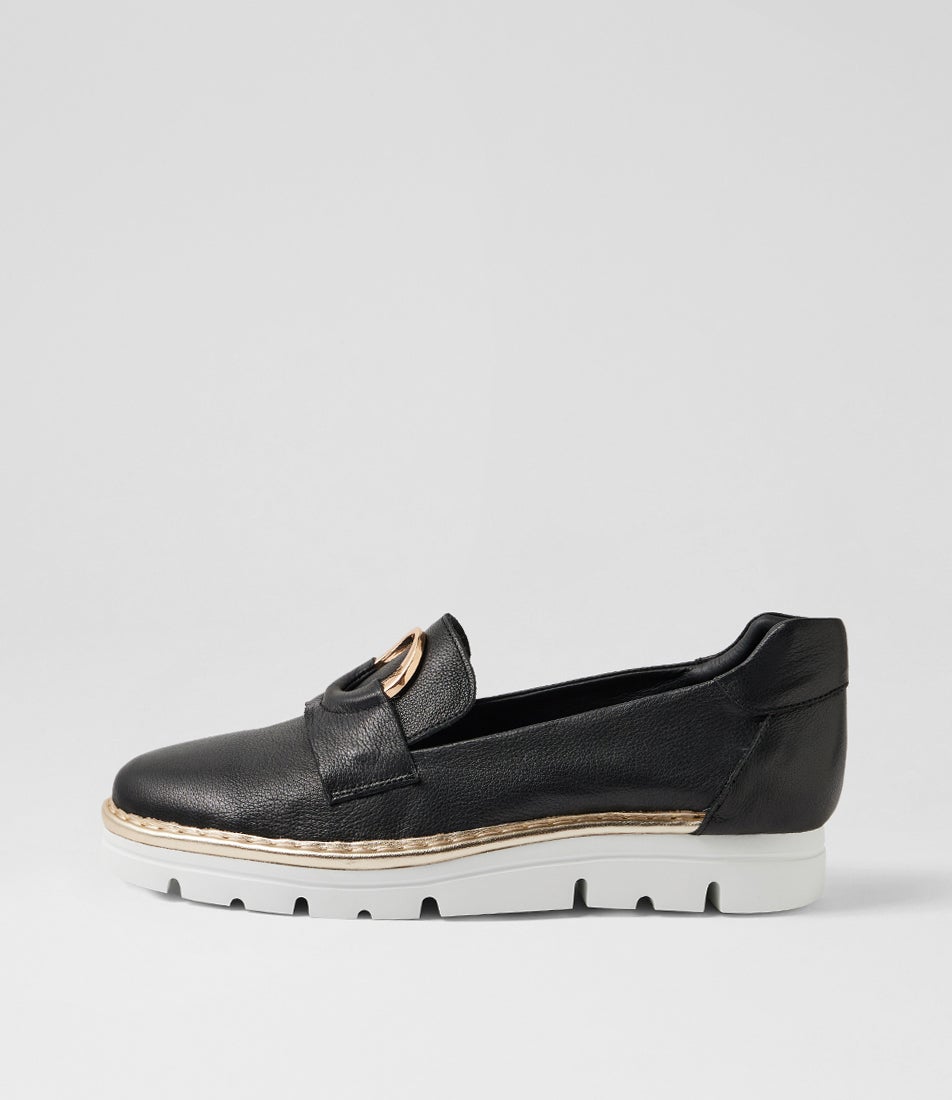 Everins Black Gold Leather Flat Shoes