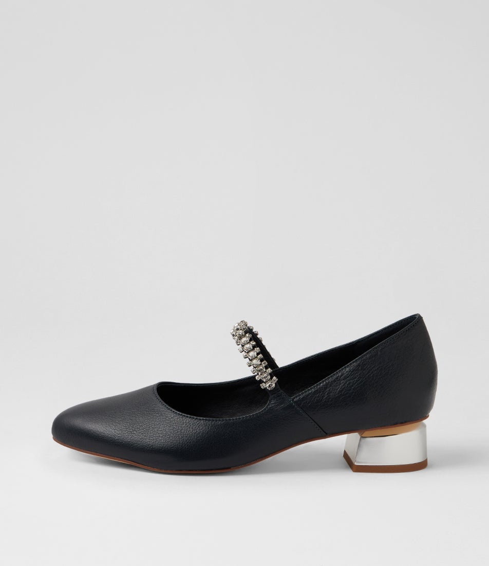 Julena Navy Leather Mary Jane Heels