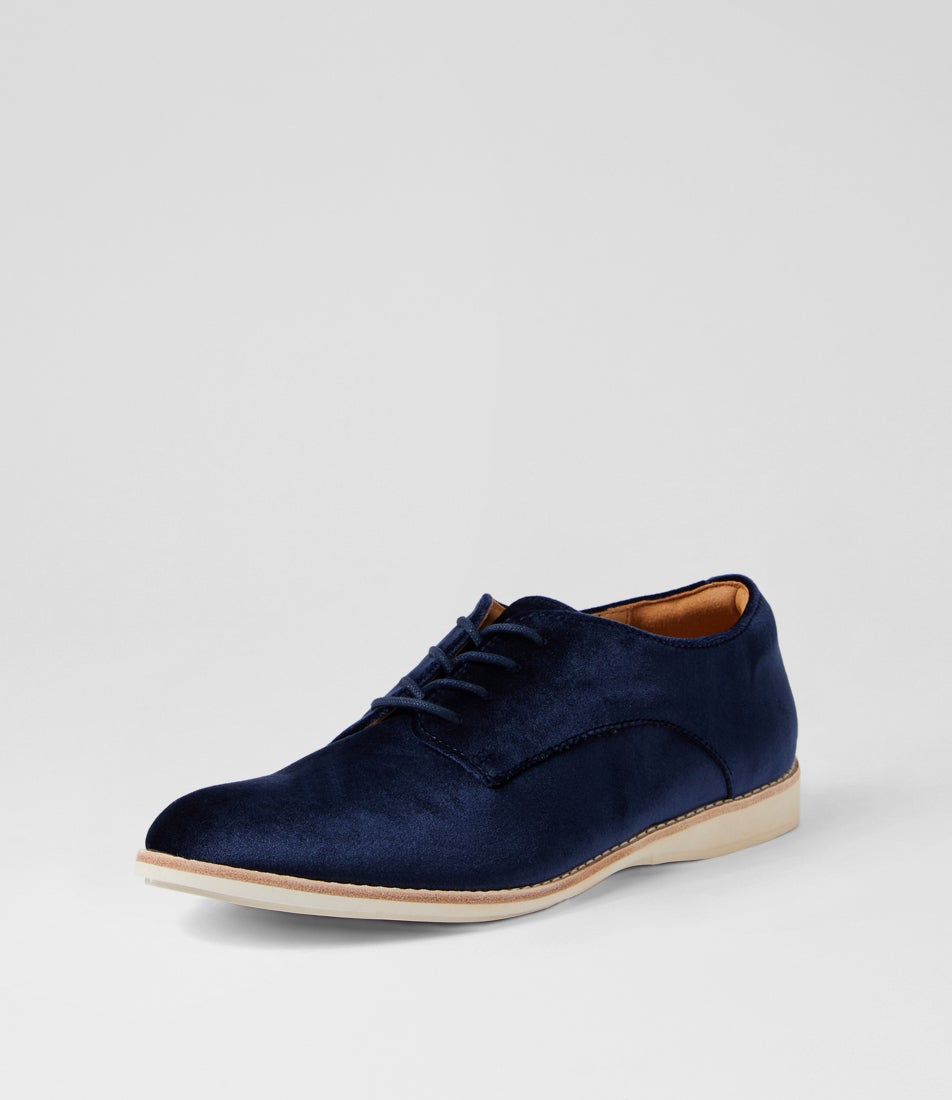 Derby Navy Velvet Fabric Lace Up Flats