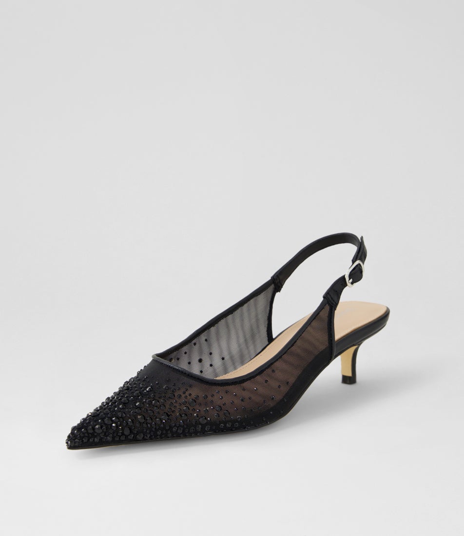 Quille Black Jewel Mesh Leather Heels