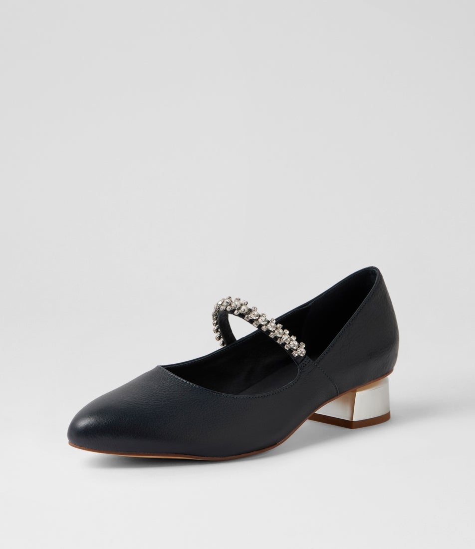 Julena Navy Leather Mary Jane Heels