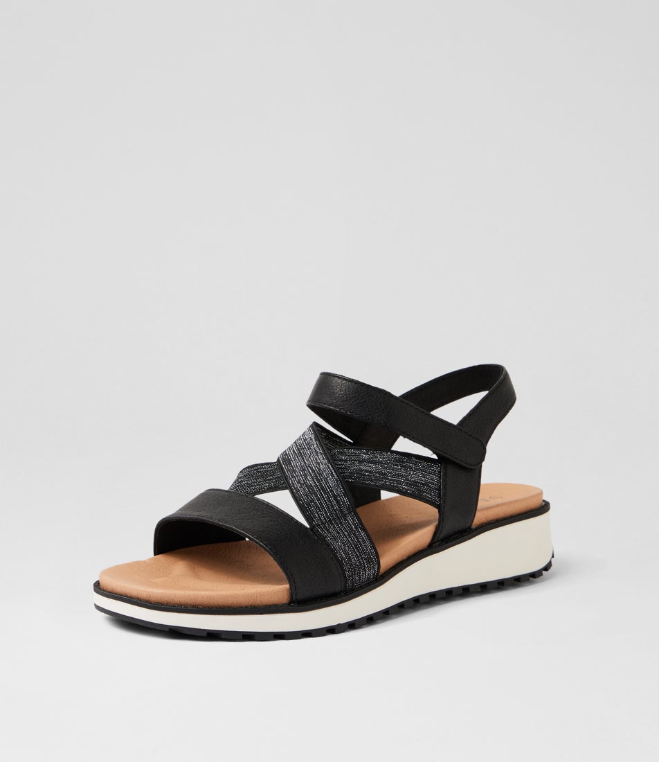 Carrie Black Leather Elastic Sandals