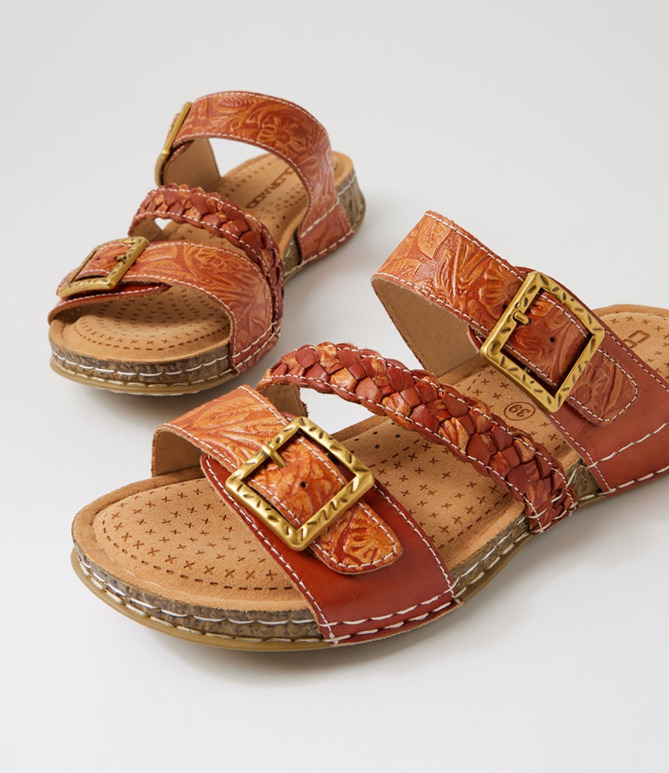 Prena Tan Embossed Leather Slides Prena Tan Embossed Leather Slides