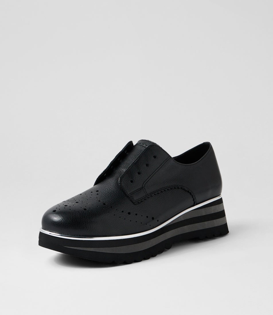 Eiras Black Charcoal Leather Flat Shoes
