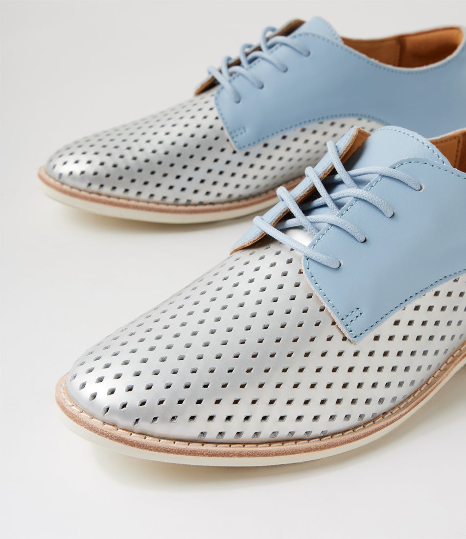 Derby Punch Overlay Silver Sky Leather Lace Up Flats